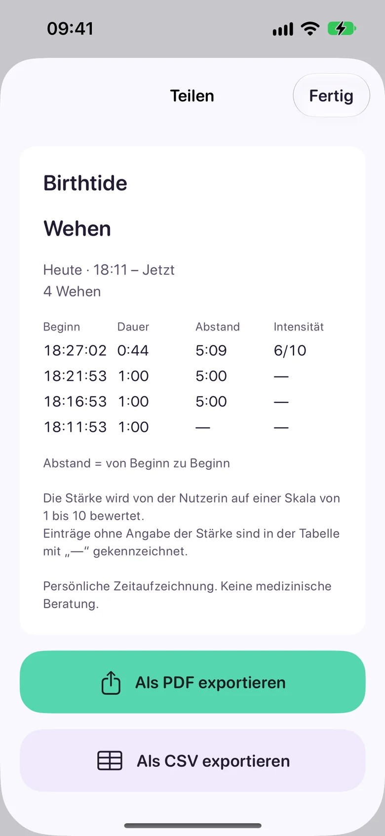 Berichtsvorschau mit einer Tabelle von vier Wehen und Knöpfen für den Export als PDF oder CSV.